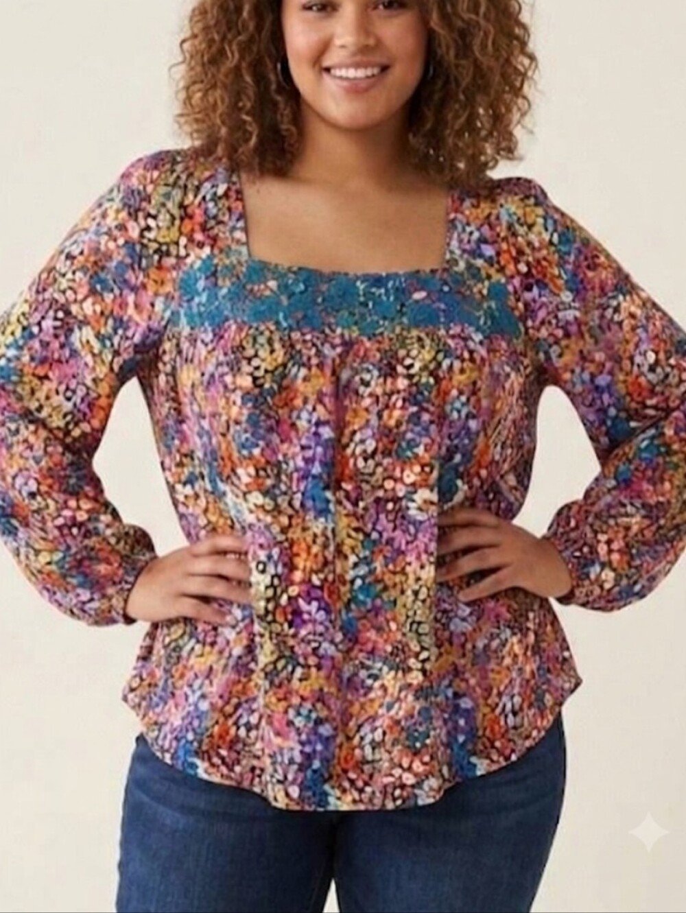 Savanna Jane Multicolor Floral Square-Neck Blouse Teal Embroidered Boho Size 2XL
